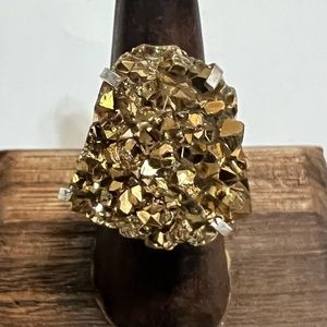 Golden Titanium Druzy Silver Plated Ring, Size 7.75